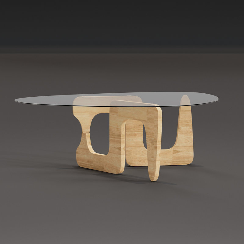 Modern Glass Coffee Table with Soild Wood Base Asymmetrical Design Ivy Bronx